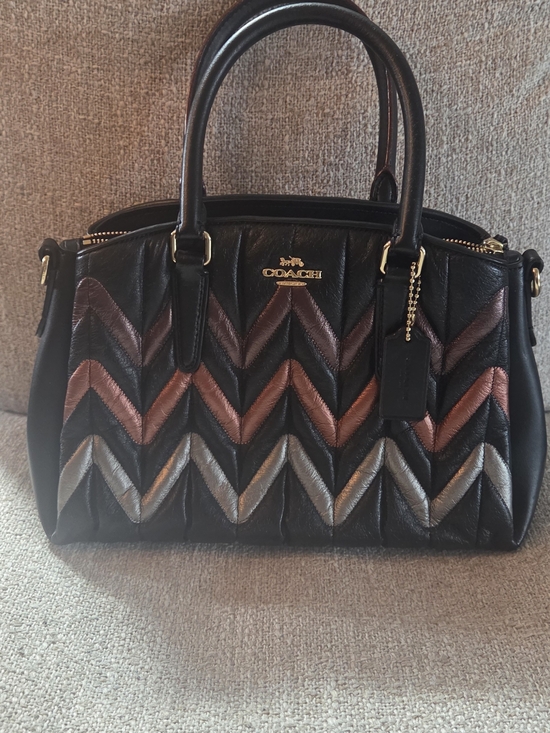 Coach Handbags - Coach Black Leather Chevron Satchel with Metallic Accents